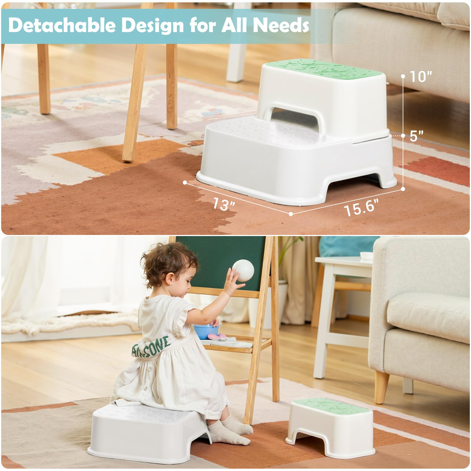 Mangohood 2-Step Stool green supports kids during brushing teeth and bath tasks.
