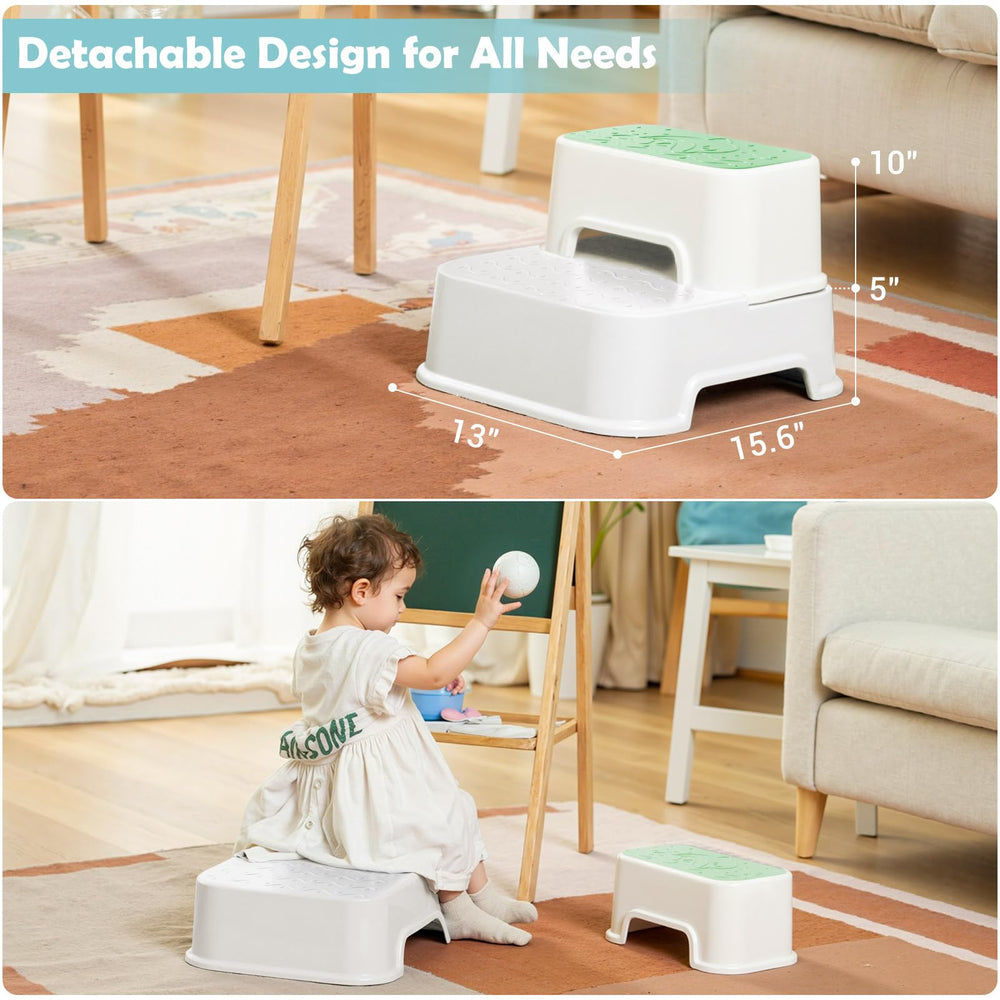 Mangohood 2-Step Stool green supports kids during brushing teeth and bath tasks.