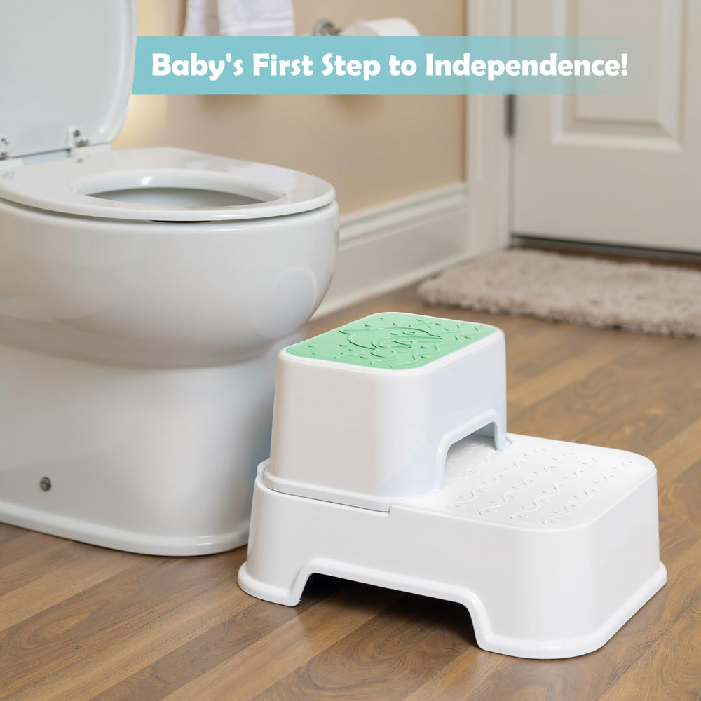 Mangohood 2-Step Stool green two-pack saves space and encourages independence.