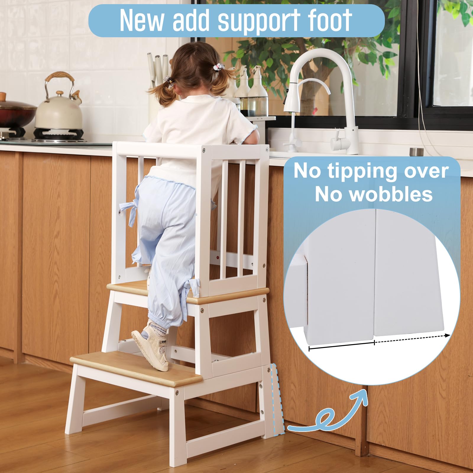 Mangohood kids step stool anti-drop bar secures toddlers during kitchen tasks.