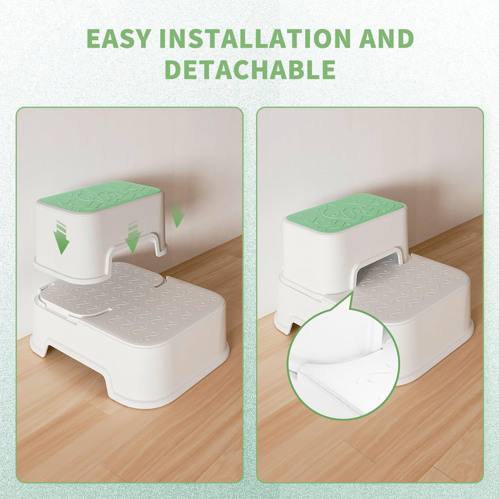 Mangohood kitchen-friendly green stool supports toddlers reaching counters during meals.