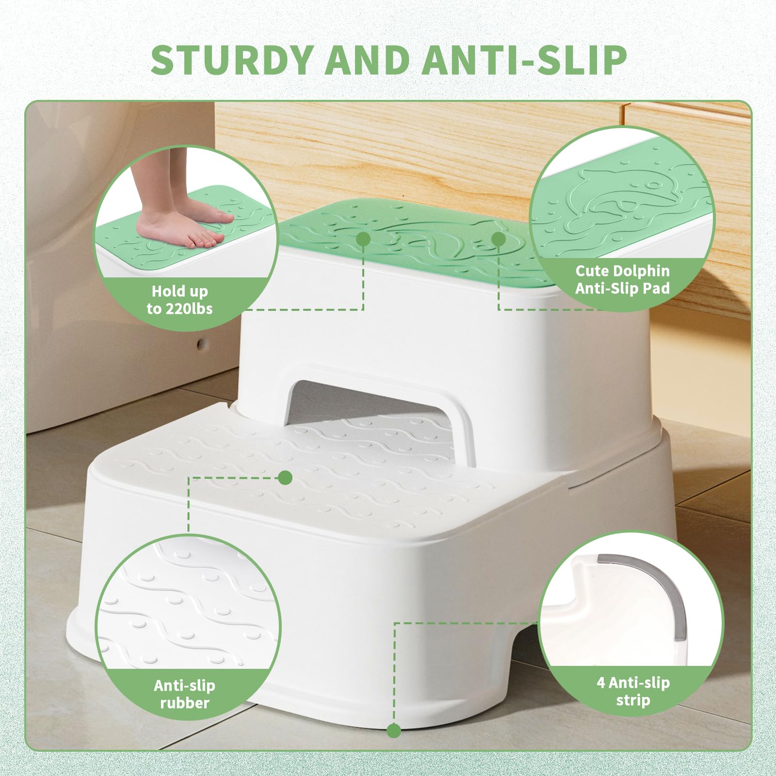 Mangohood step stool dolphin-design green highlights playful bathroom routines.