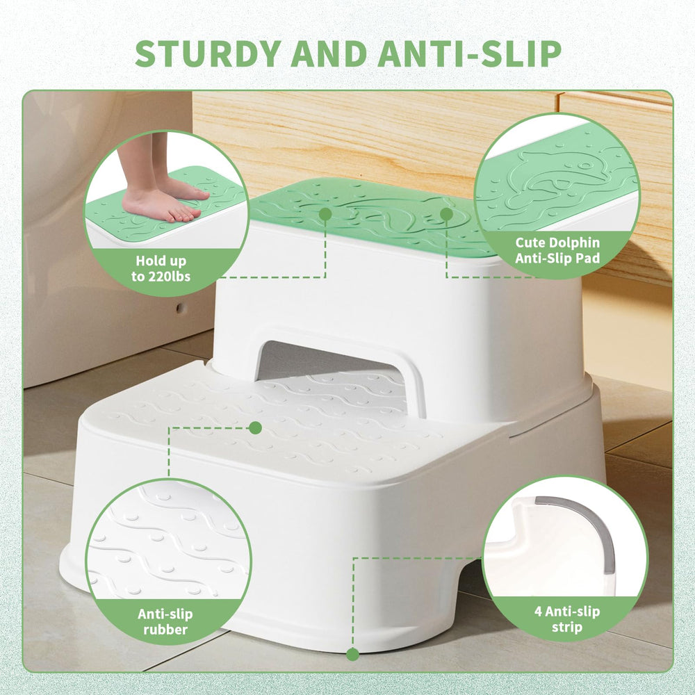 Mangohood step stool dolphin-design green highlights playful bathroom routines.