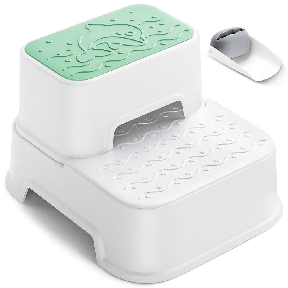Mangohood step stool kids green front view enables easy reach and independent brushing.