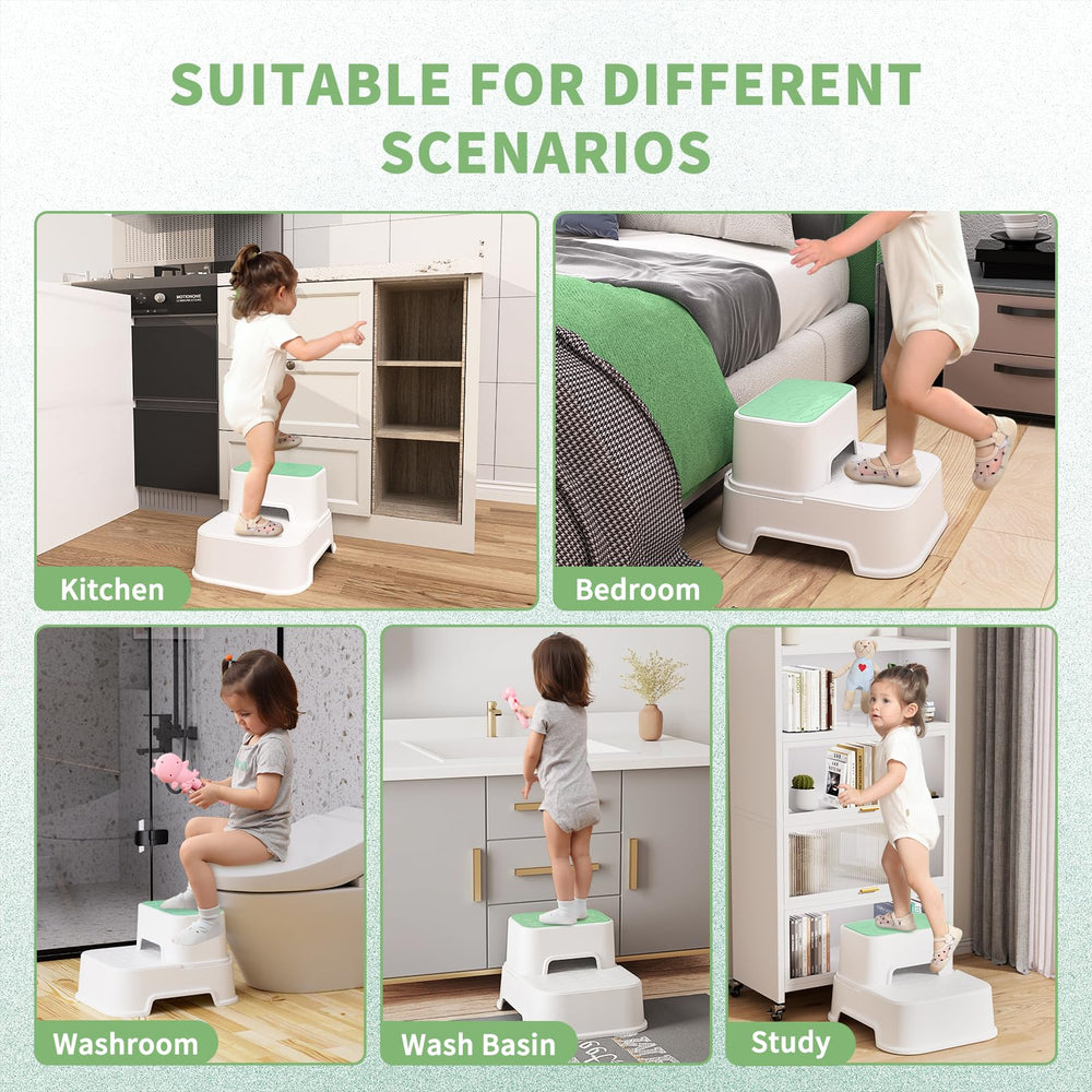 Mangohood step stool kids green side view helps toddlers access sinks safely.