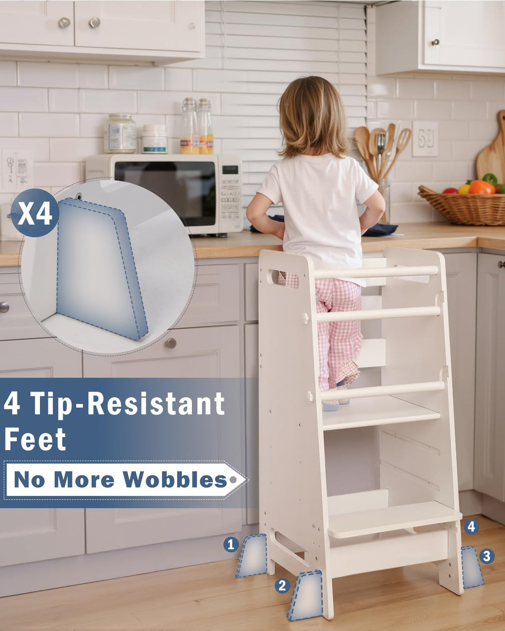 Height-adjustable pedals on Mangohood tower ease climbing for growing kids