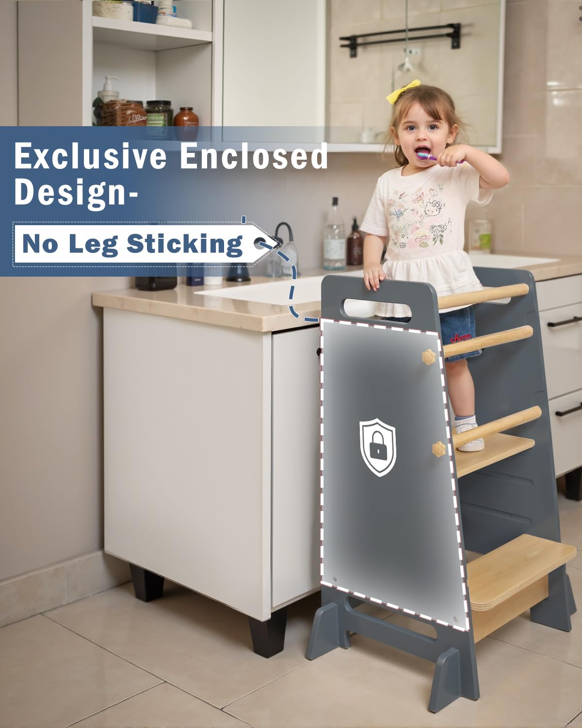 Mangohood toddler standing tower shows four tip-resistant feet for enhanced stability and wobble reduction.