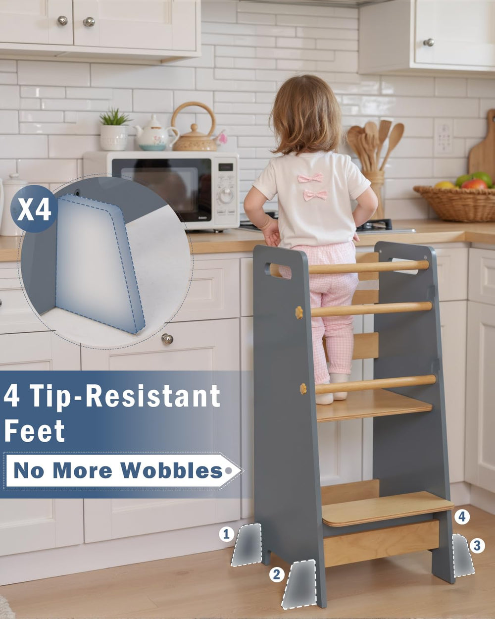 Mangohood toddler standing tower highlights adjustable pedals for growing children and easier climbs.