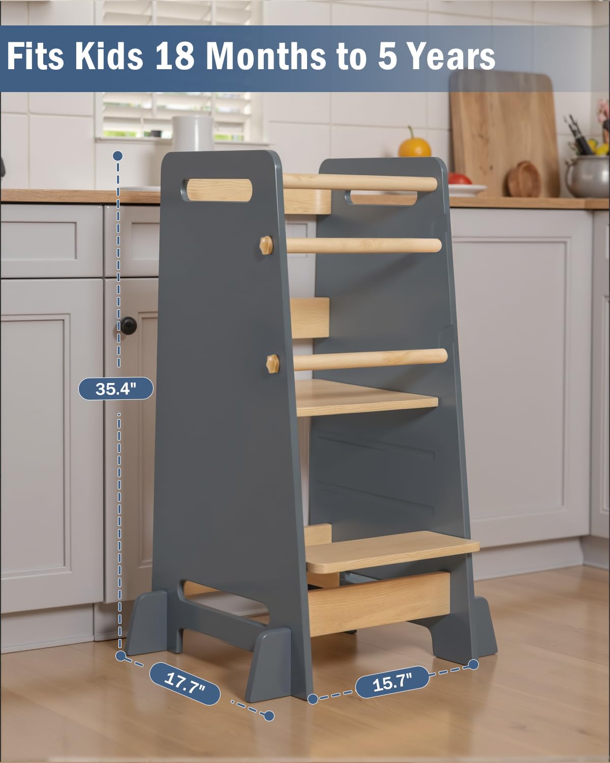 Mangohood toddler standing tower gray finish complements modern kitchens while staying practical.