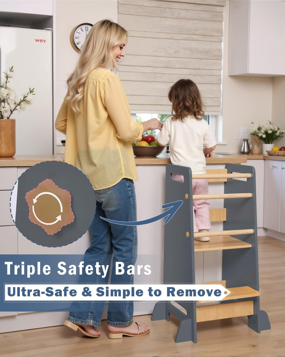 Mangohood toddler standing tower demonstrates hands-wash use at a kitchen counter.