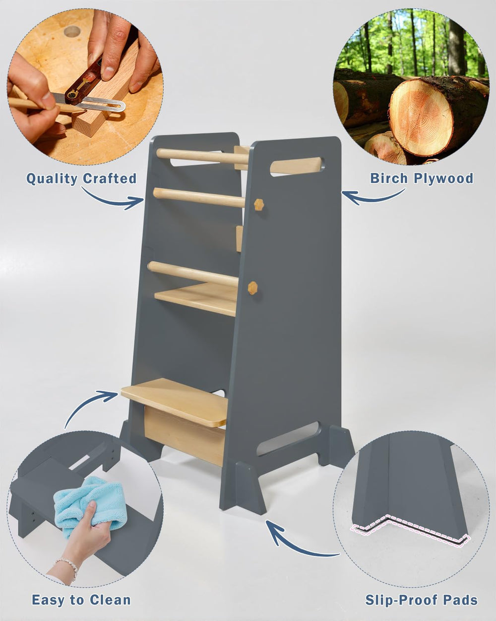 Mangohood toddler standing tower supports independence while practicing safe entry and exit at counters.