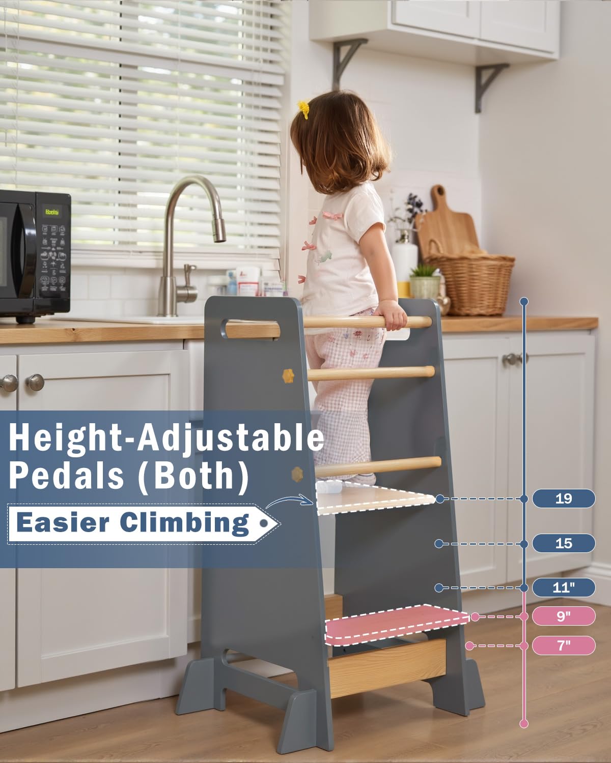 Mangohood toddler standing tower features triple safety bars for secure setup and removal.