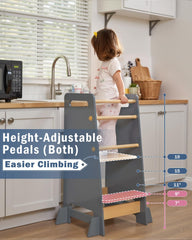 Mangohood toddler standing tower features triple safety bars for secure setup and removal.