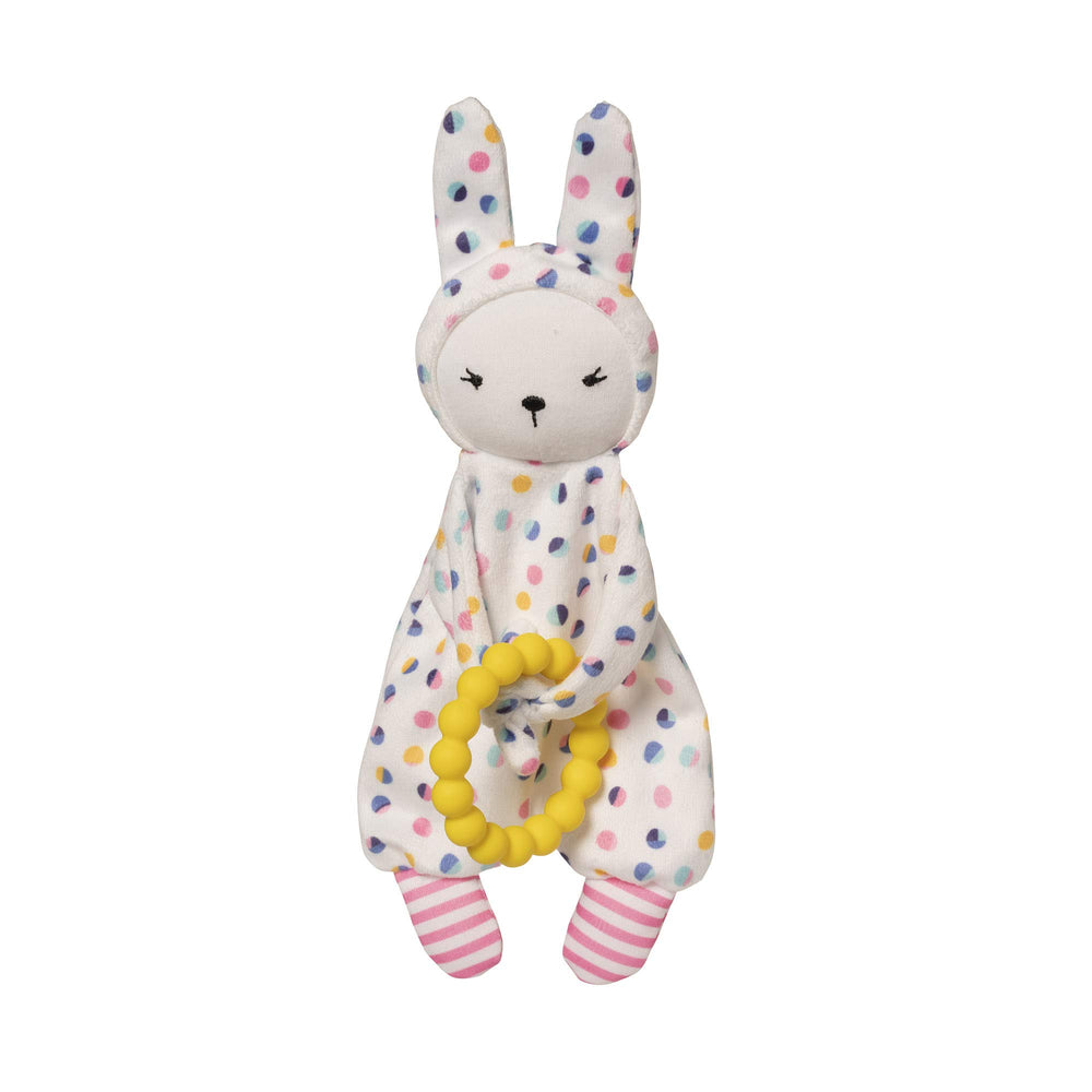 Manhattan Toy Cherry Blossom Days Bunny teether close-up with removable silicone ring for soothing.