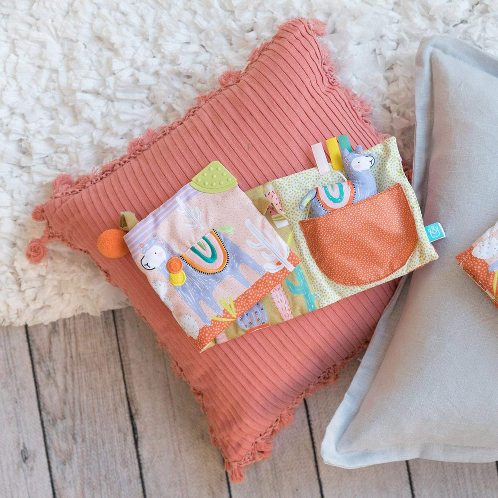 Manhattan Toy Llama soft book fabric-closeup, highlights surface-washable materials.