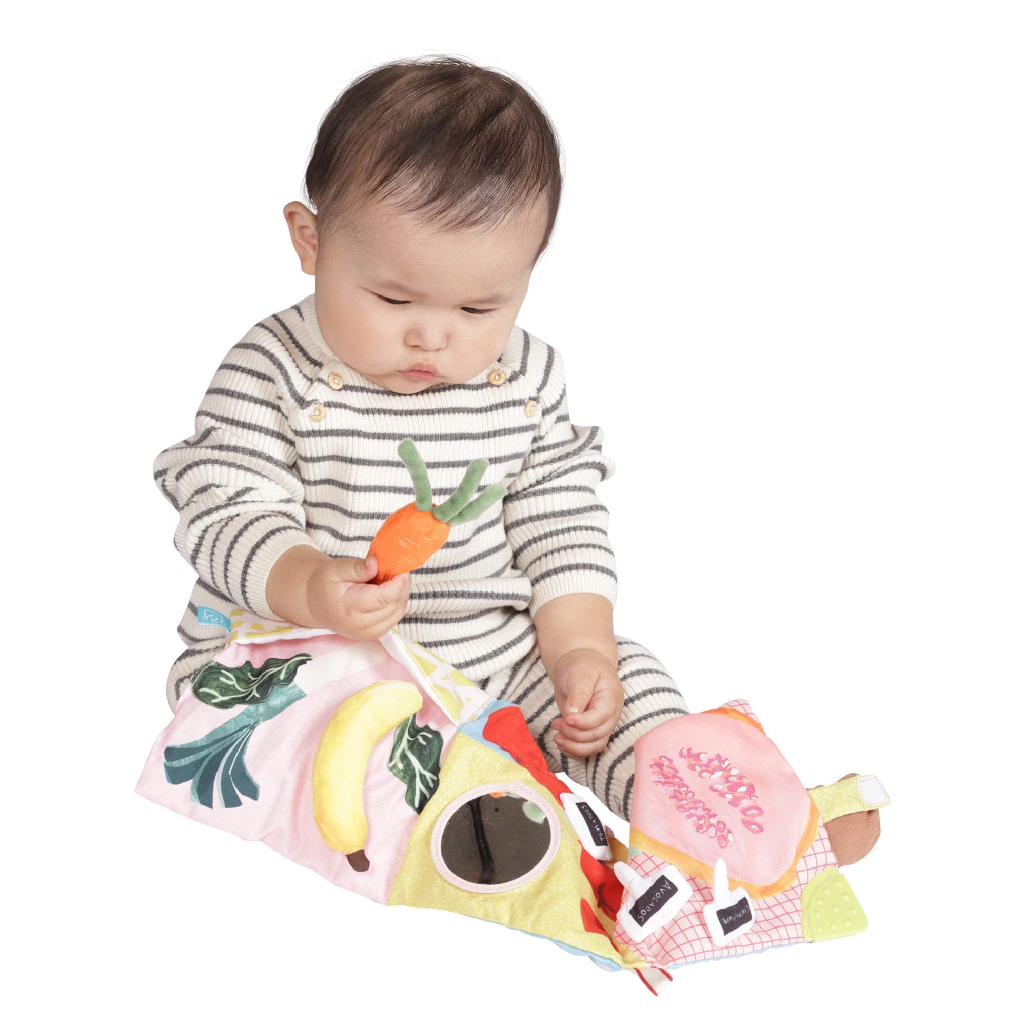 Manhattan Toy Mini-Apple-Farm stationary-banana supports safe teething exploration.