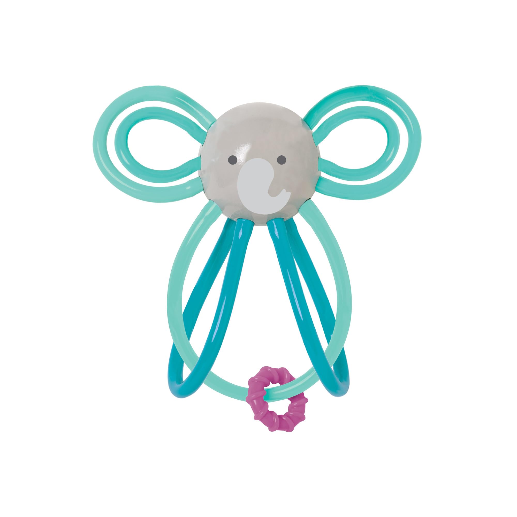 Manhattan Toy Winkel Elephant rattle with a colorful teether loop for baby exploration.