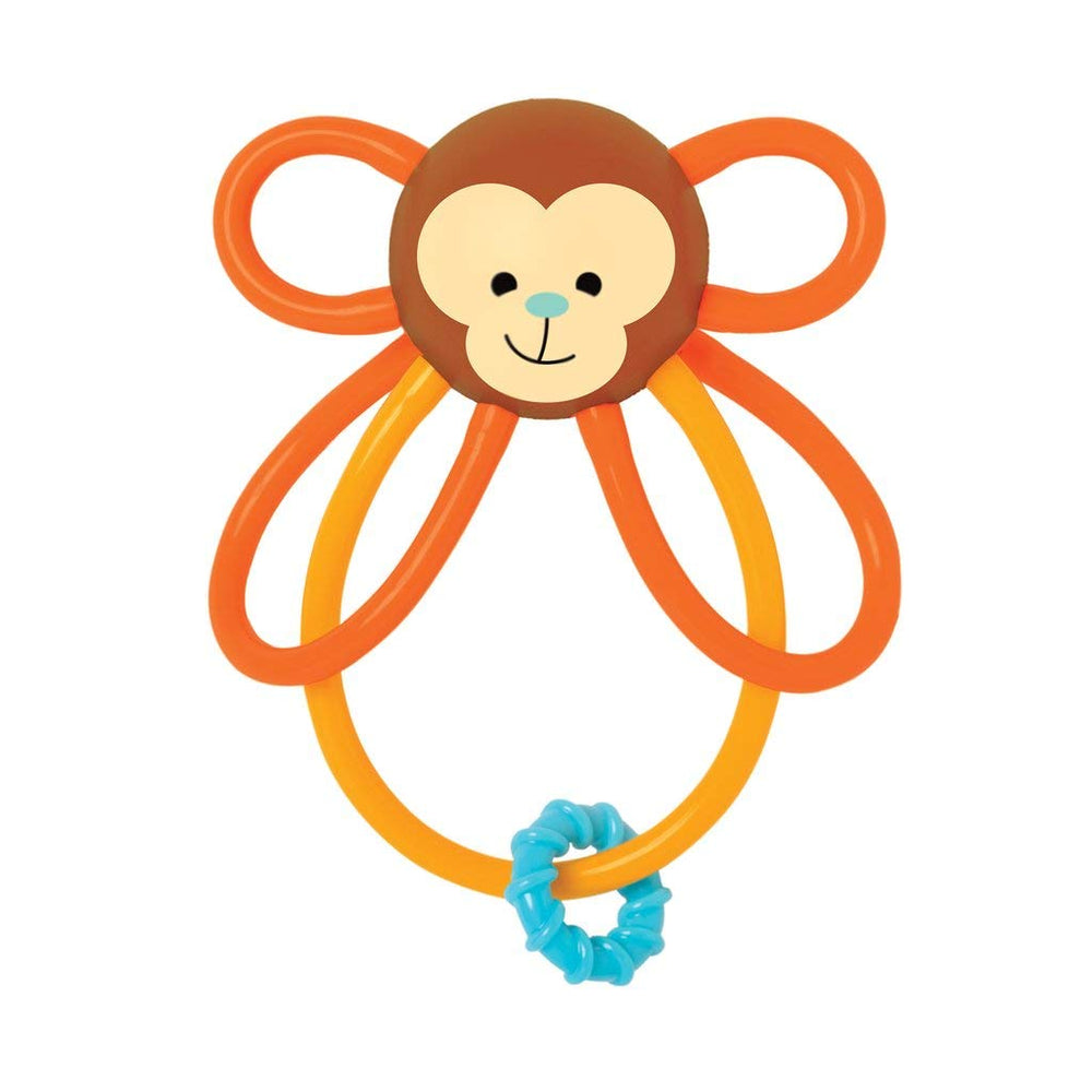 Manhattan Toy Winkel Monkey rattle closeup highlighting colorful tubes for sensory play.