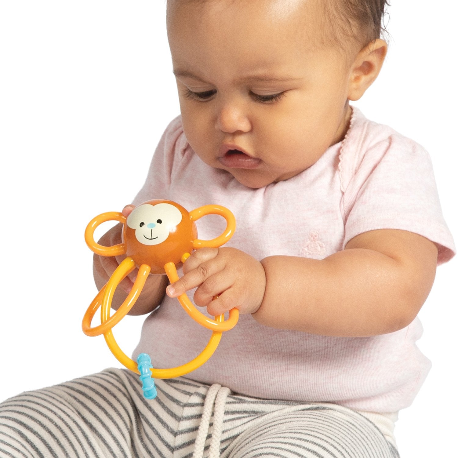 Manhattan Toy Winkel Monkey teether tubes closeup showing BPA-free material for soothing gums.