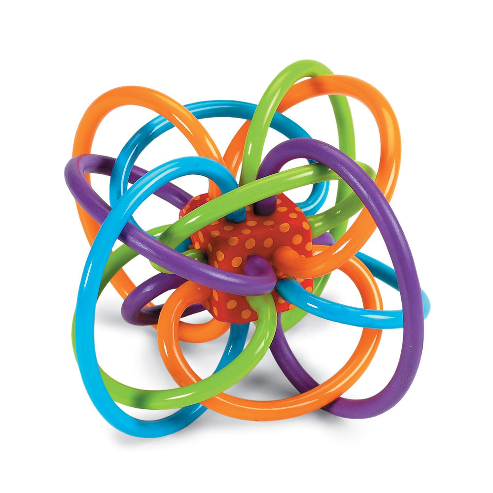 Manhattan Toy Winkel rattle & teether blue-green-orange close-up, easy-to-grasp loops for teething comfort.