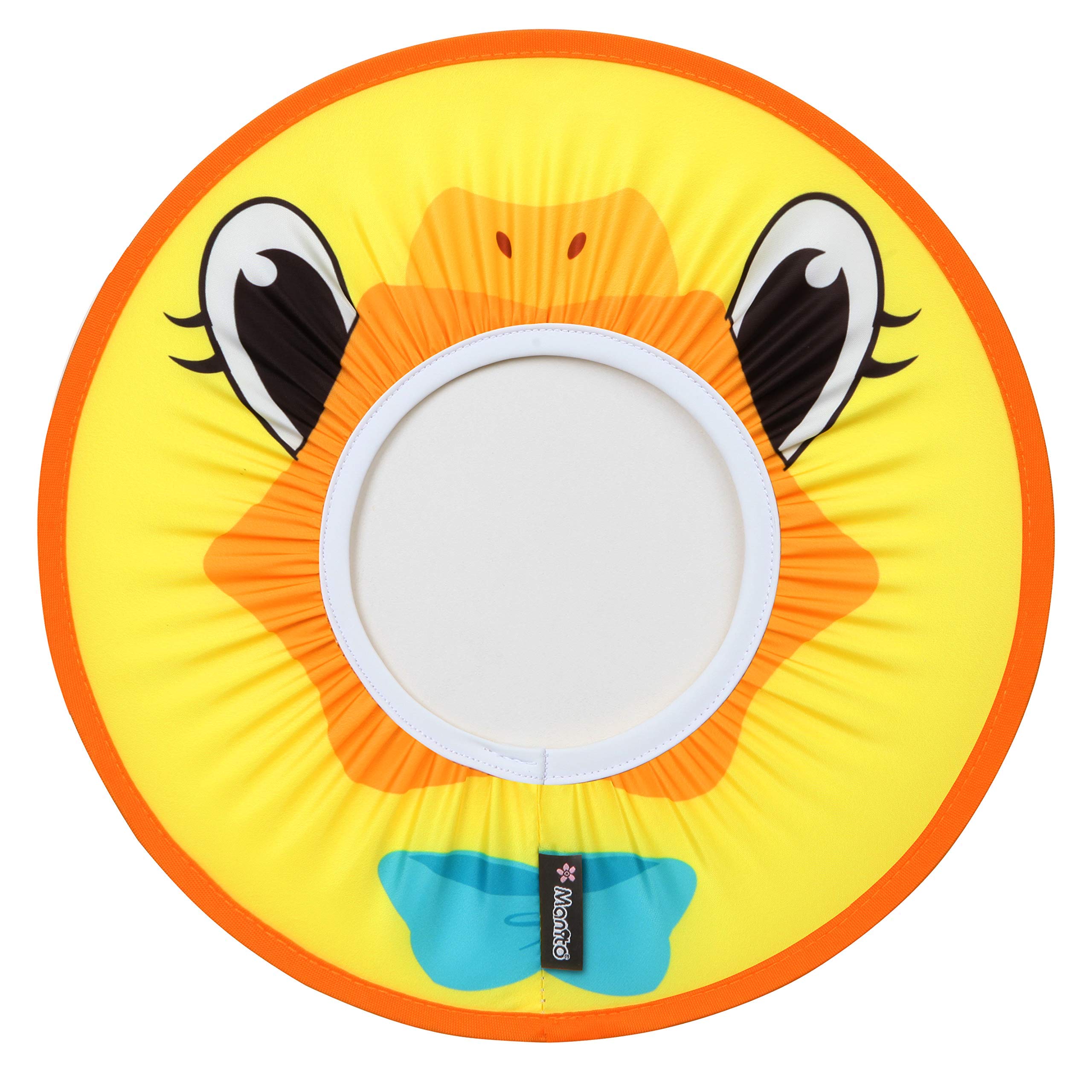 Manito baby shower hat with duck design keeps shampoo out of eyes during bath.