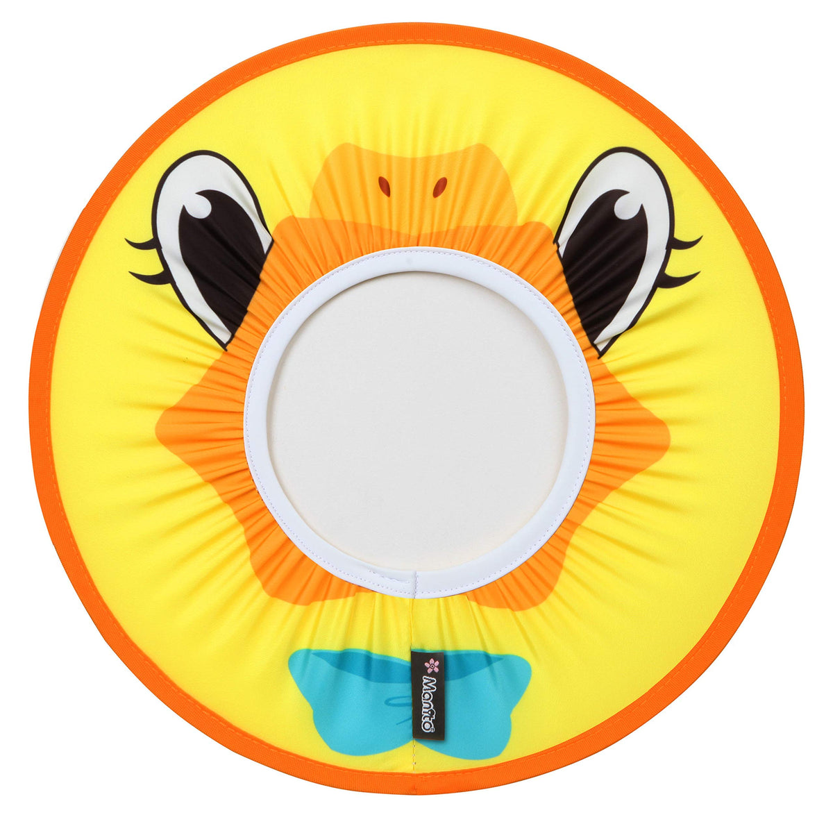 Manito baby shower hat with duck design keeps shampoo out of eyes during bath.
