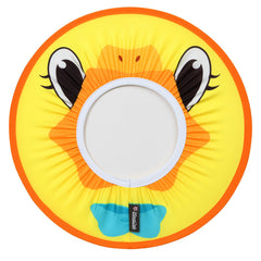 Manito baby shower hat with duck design keeps shampoo out of eyes during bath.