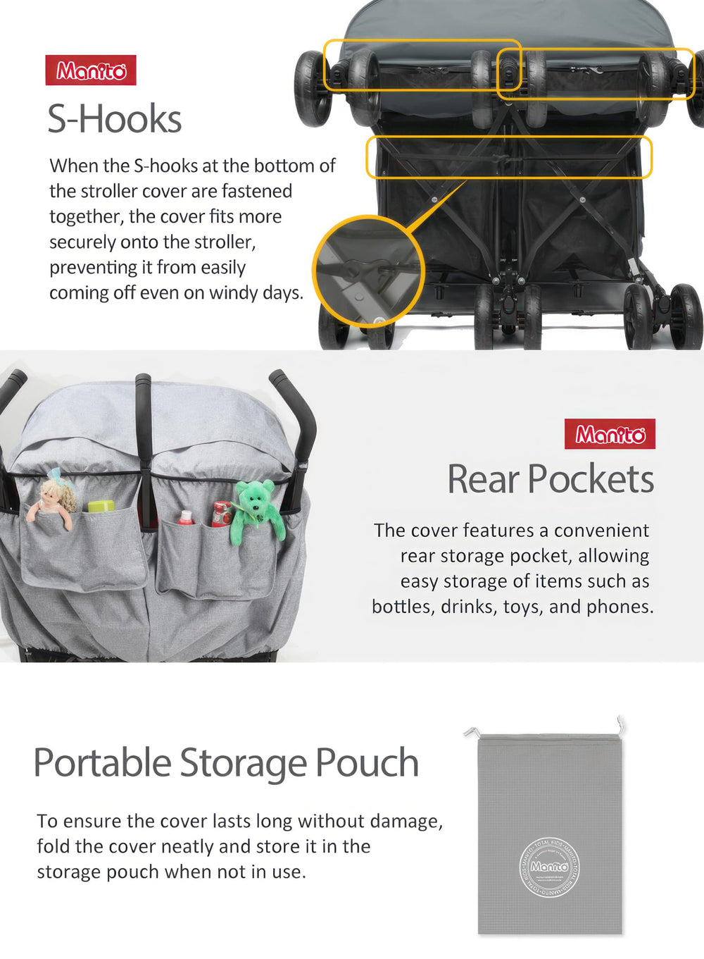 Manito Melange twin stroller weather shield large two-way zipper entry for easy access