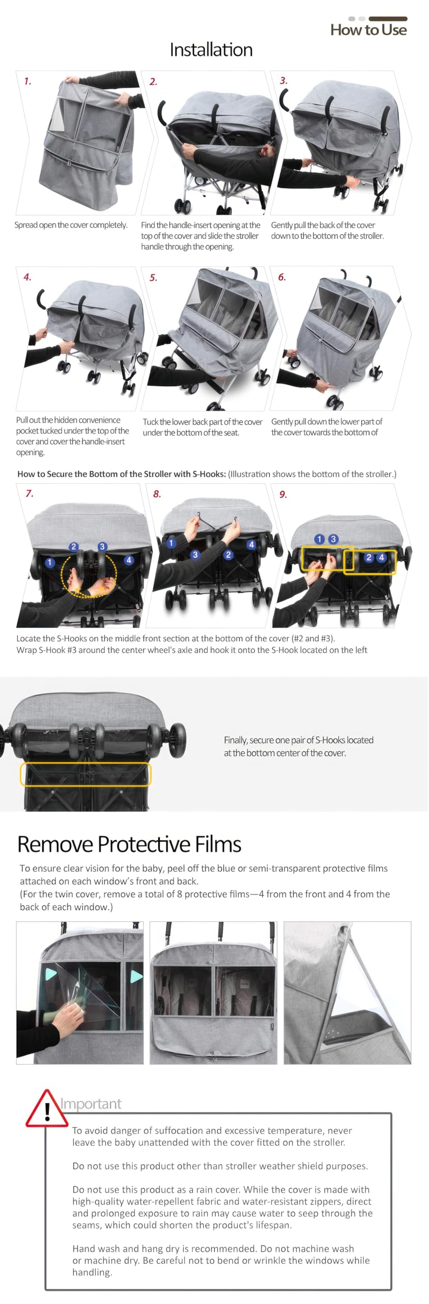 Manito Melange twin stroller weather shield installation uses handle insert and bottom clip