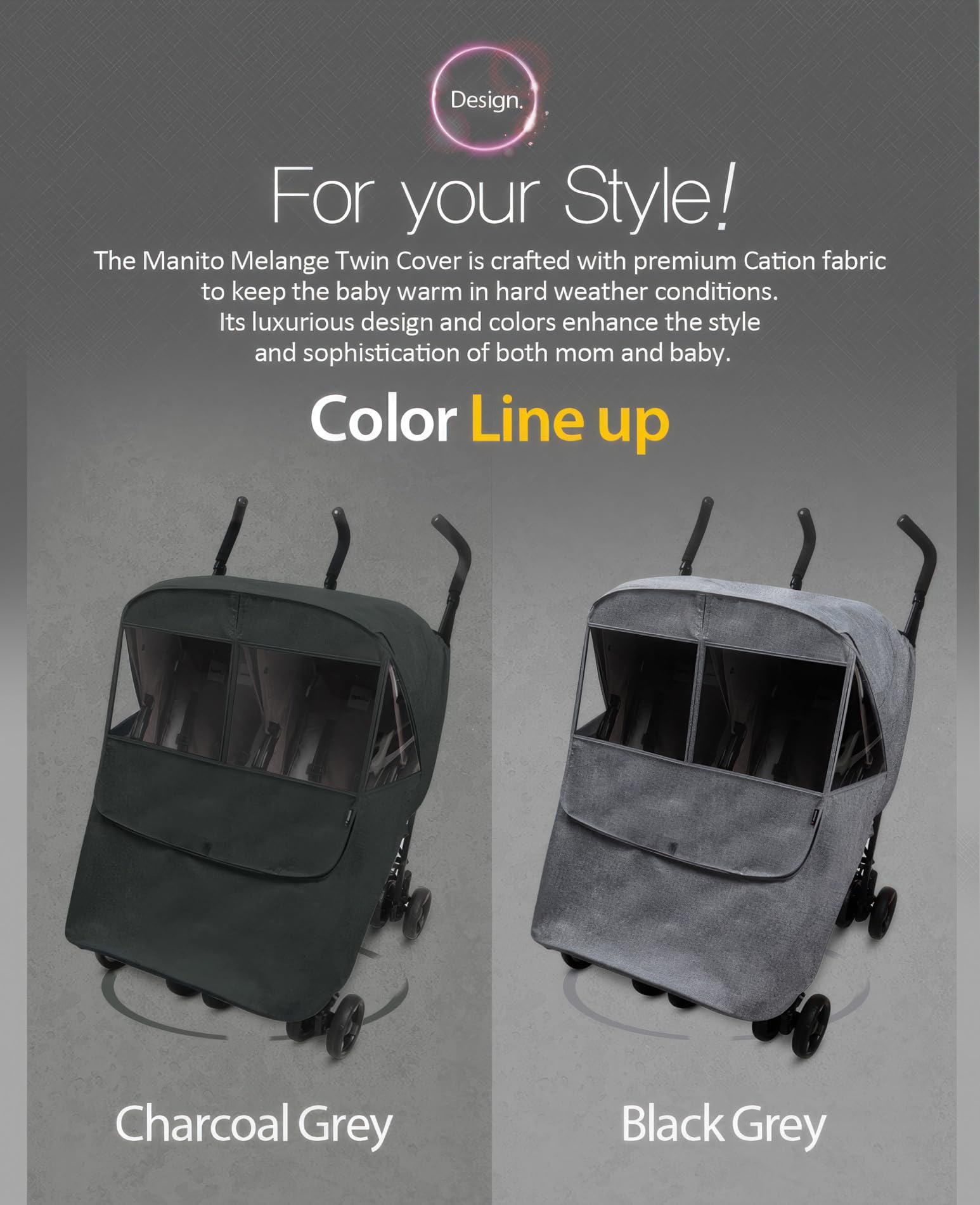 Manito Melange twin stroller weather shield rear pockets and portable pouch for storage