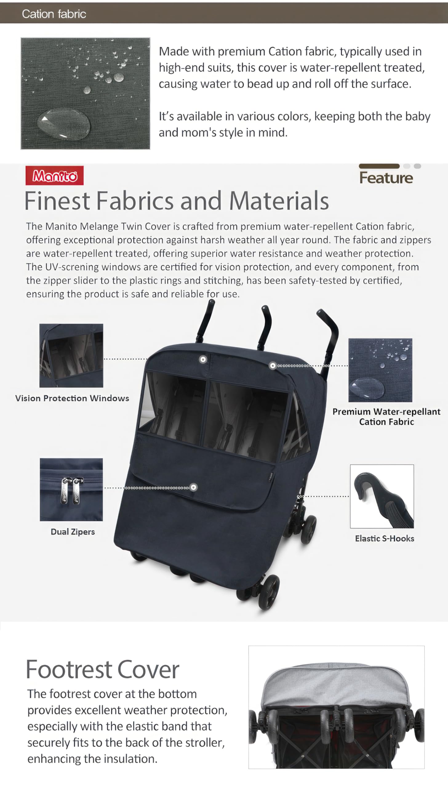 Manito Melange twin stroller weather shield sun curtain provides shaded comfort for baby