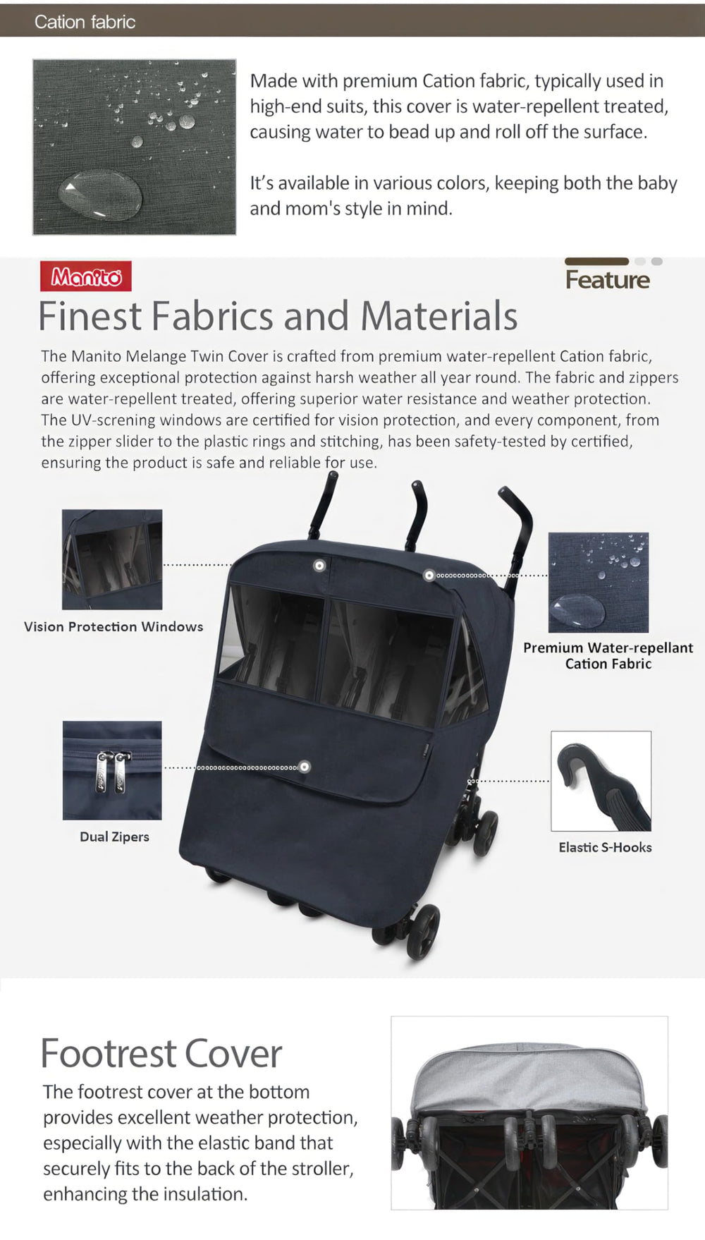 Manito Melange twin stroller weather shield sun curtain provides shaded comfort for baby