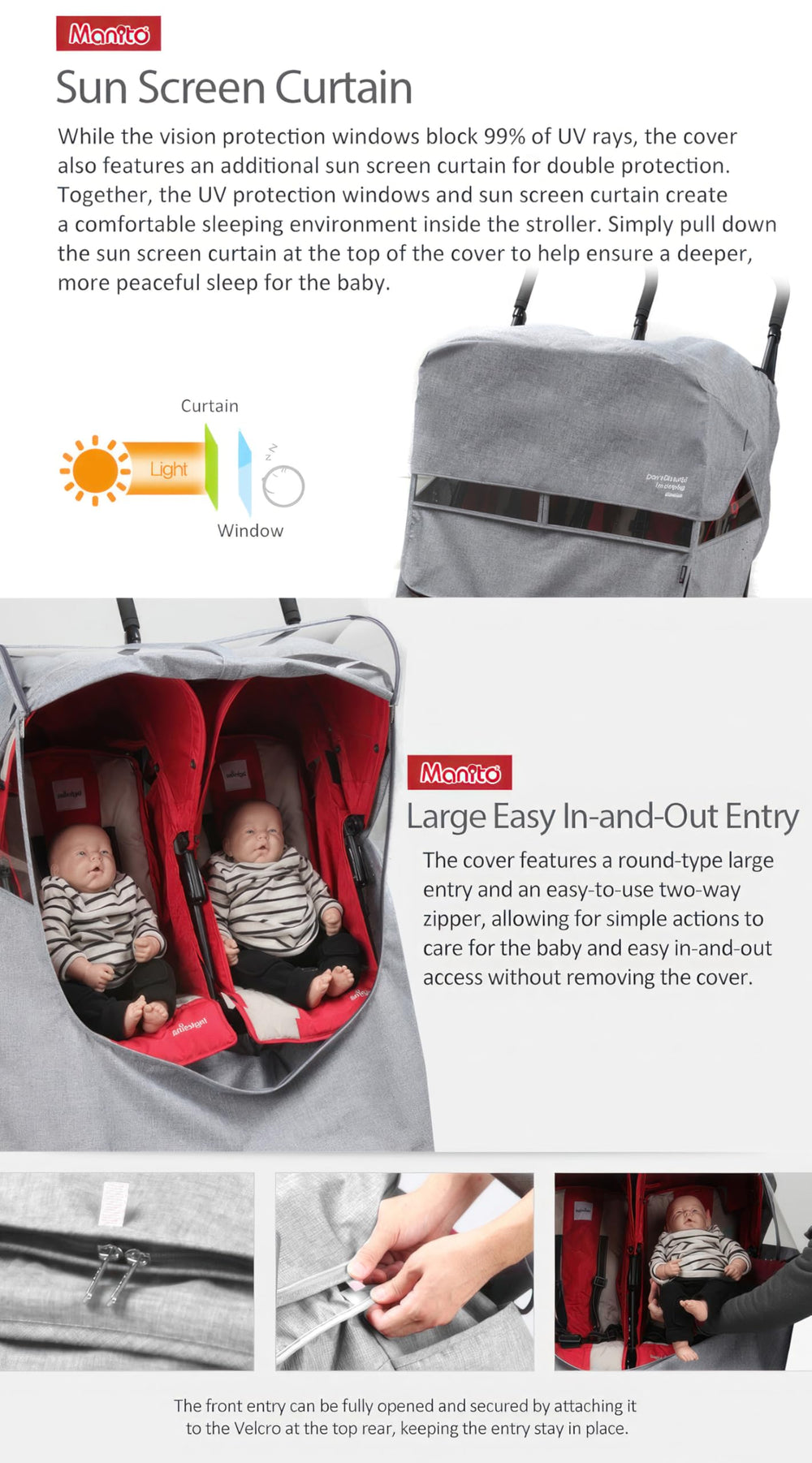 Manito Melange twin stroller weather shield water-repellent fabric shields against rain