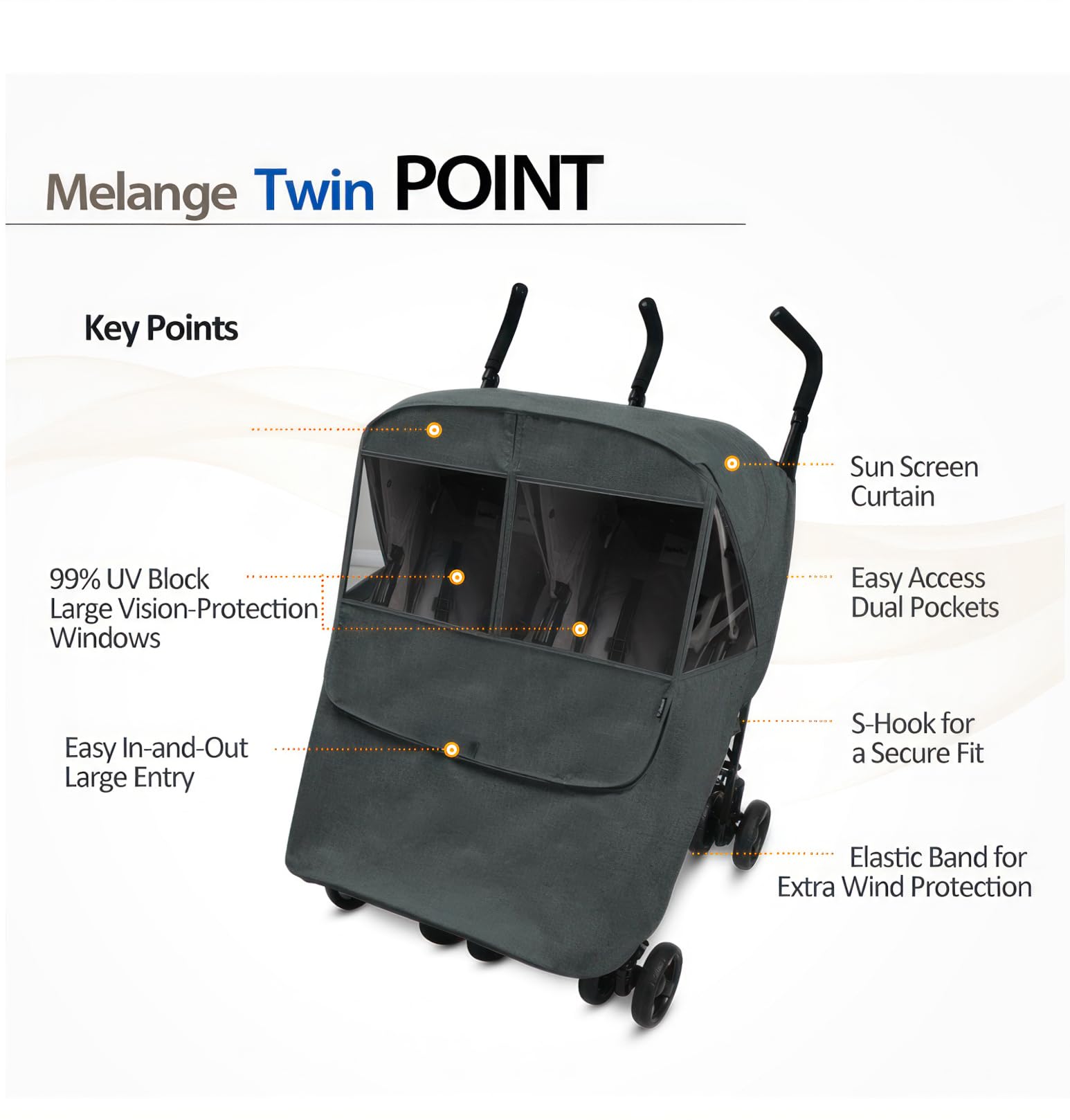 Manito Melange twin stroller weather shield window-clarity offers distortion-free UV protected visibility