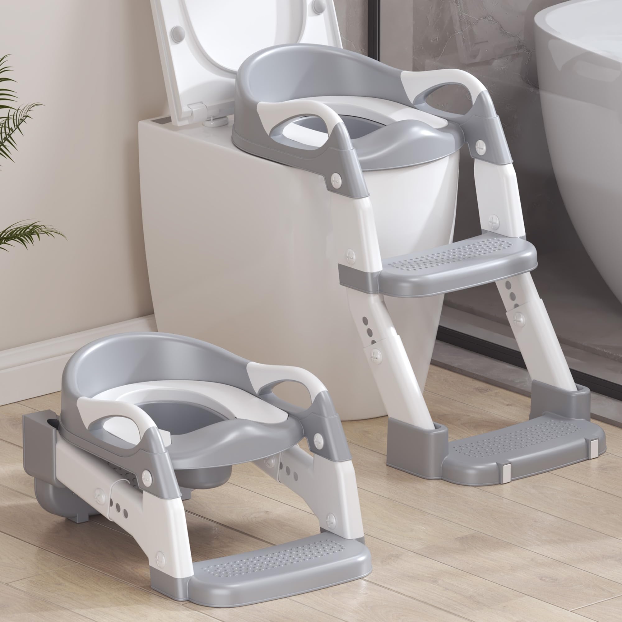 MantisFist 2-in-1 toddler potty folded for compact storage in small bathrooms.