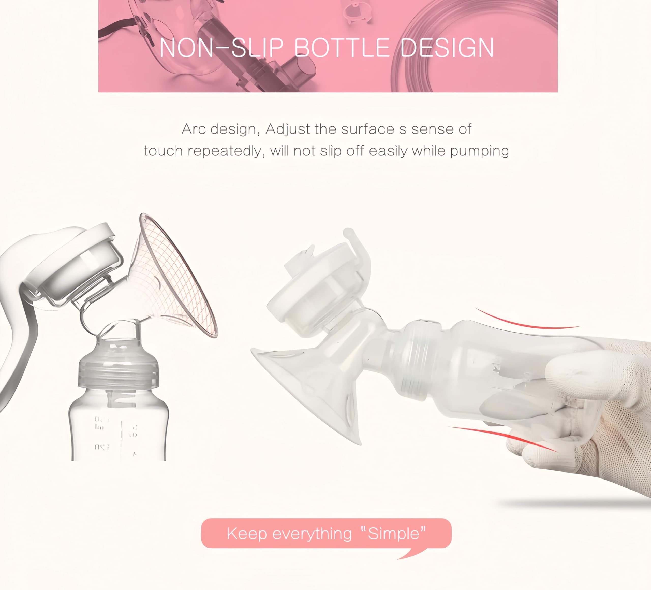Manual breast pump uses imported PP parts for heat resistant bottle durability.