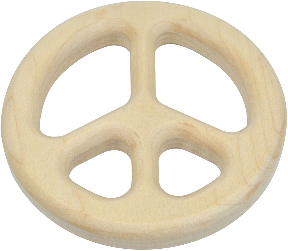 Maple Landmark Peace Sign Teether close-up shows smooth sanding for safe mouthing