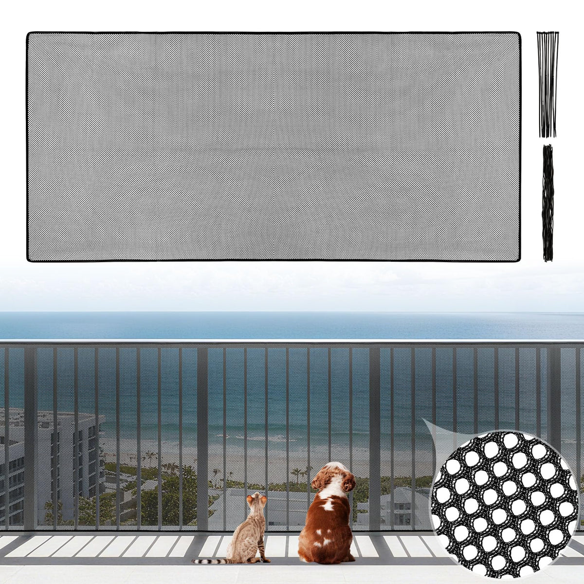 MAQIHAN Banister Guard net on balcony rail protecting pets while preserving the view.