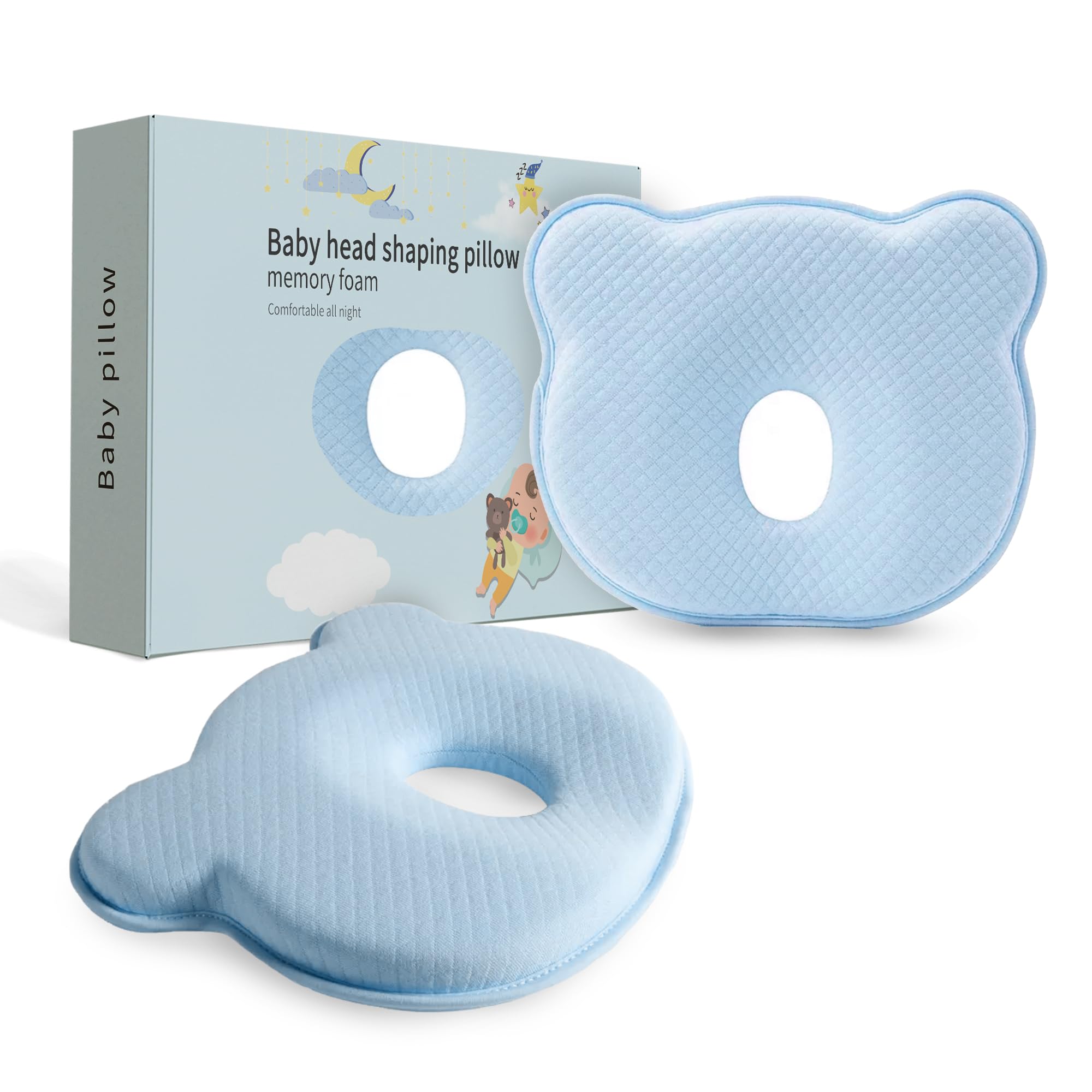 MarBoost memory-foam baby pillow blue with ergonomic head support.