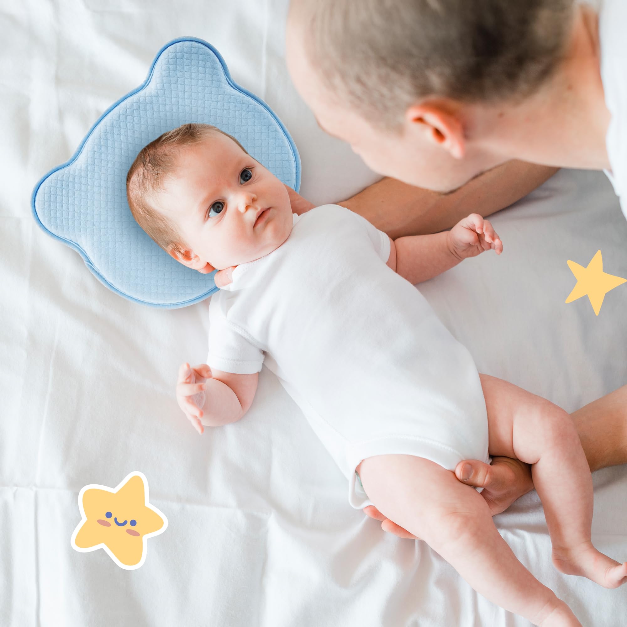 MarBoost travel-friendly blue pillow fits infant crib or stroller for on-the-go.