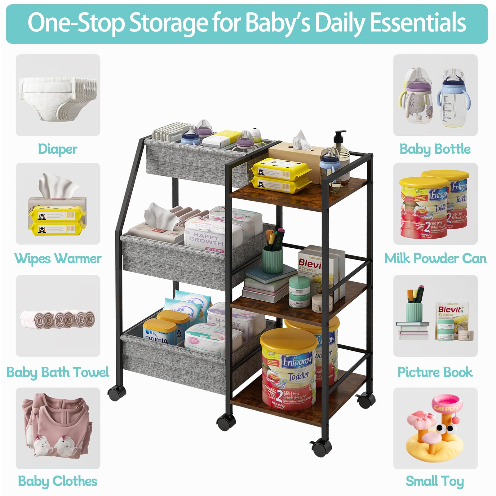 Marbyraz diaper caddy cart bedside setup for easy nursery access.