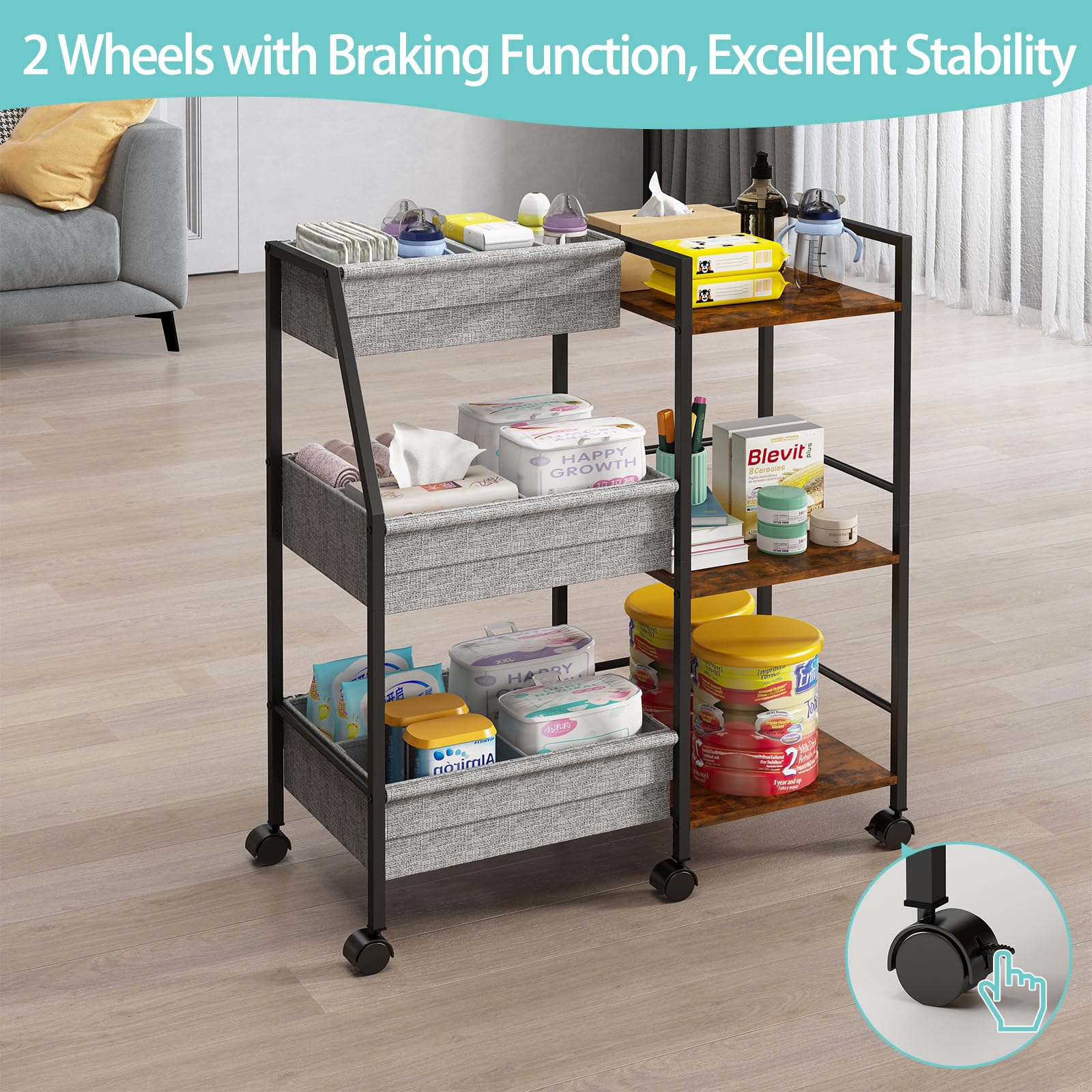 Marbyraz diaper caddy cart dimensions show generous layout for baby items.
