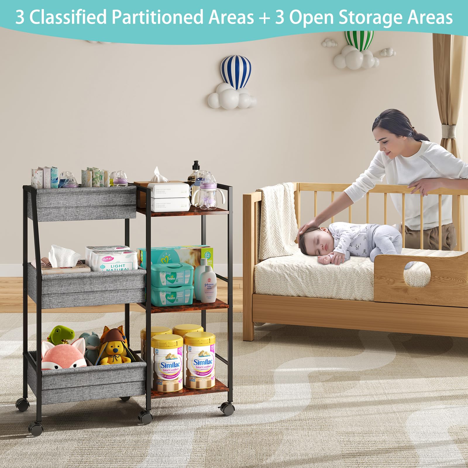 Marbyraz diaper caddy cart six wheels enable smooth mobility.
