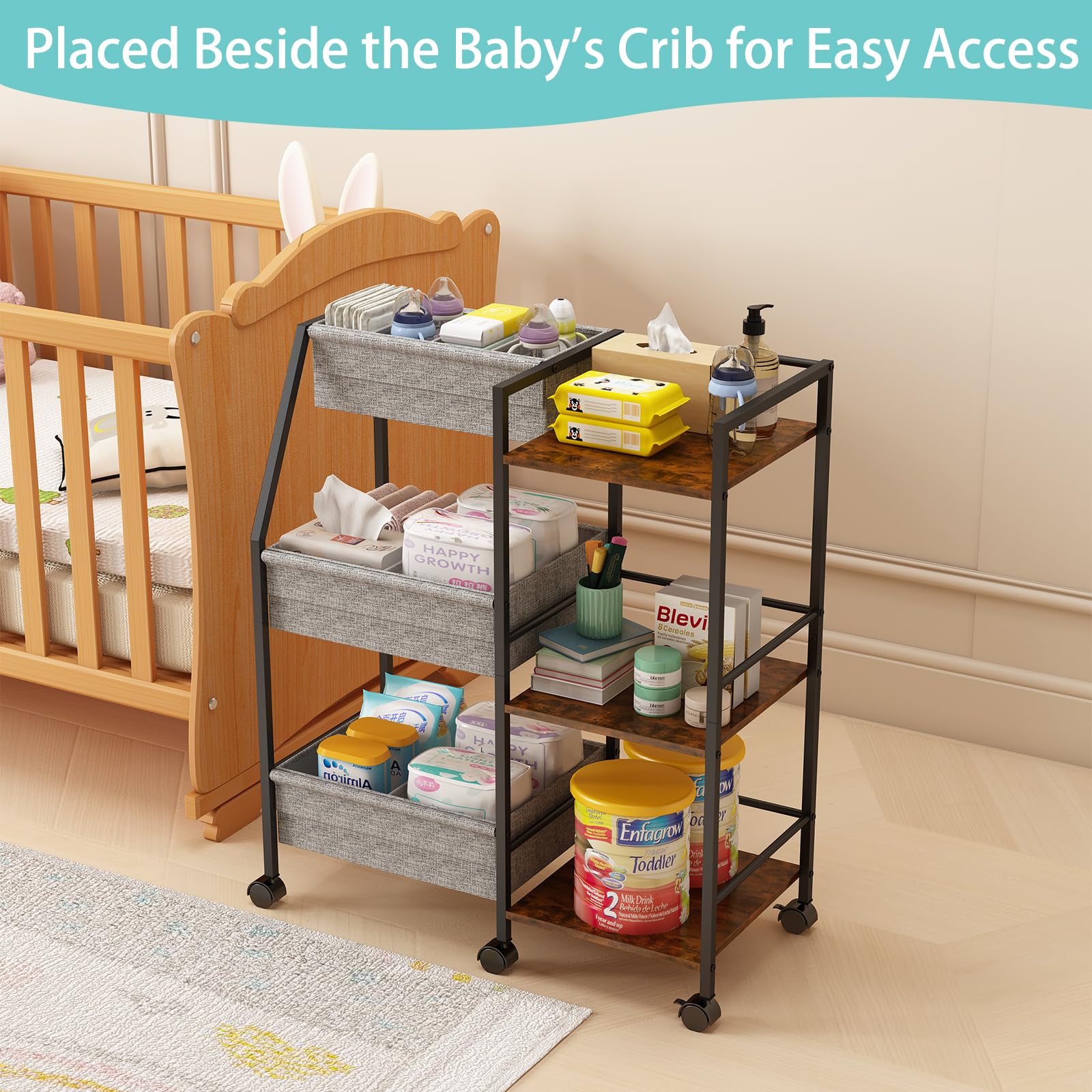 Marbyraz diaper caddy cart side storage highlighting organized compartments for small items.