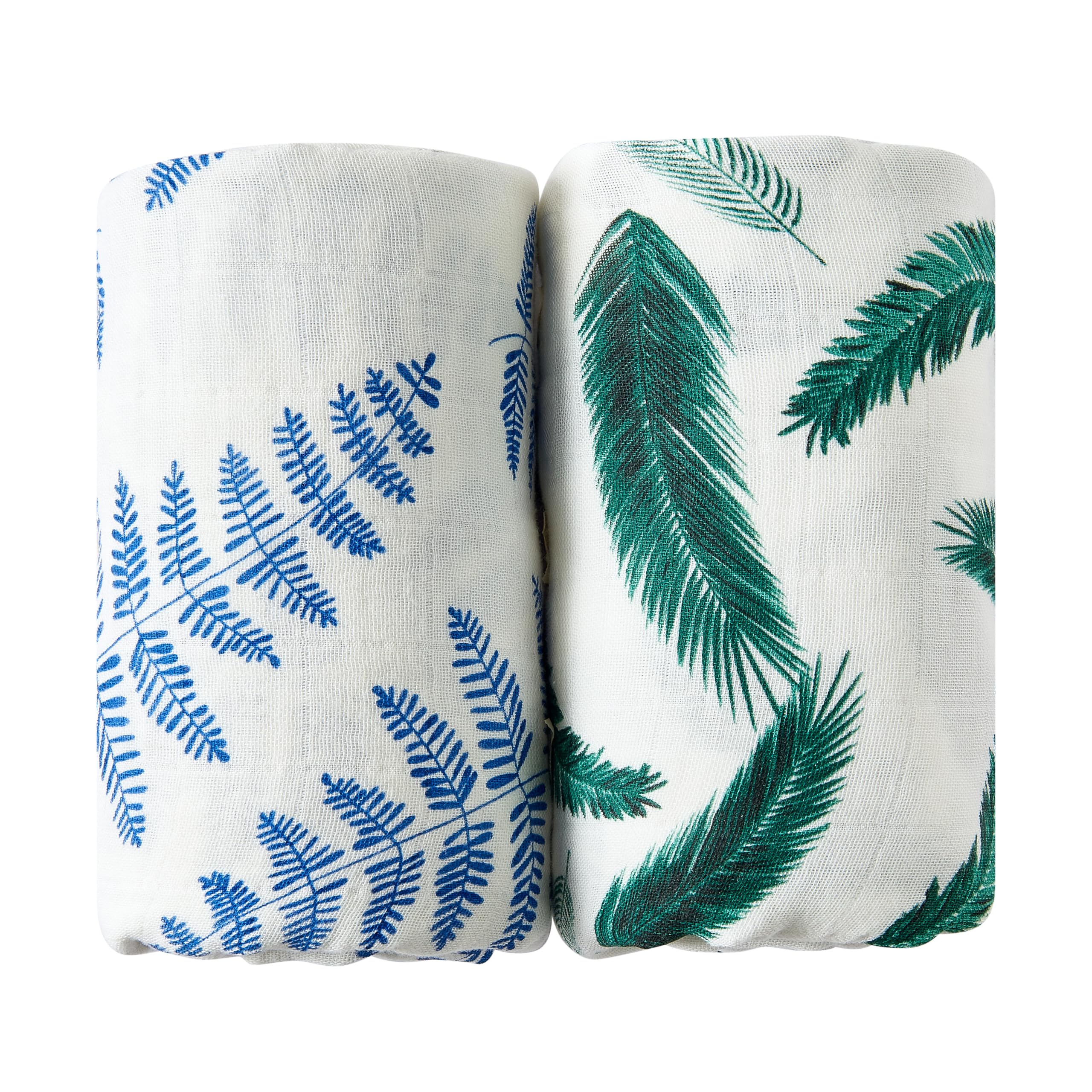 Margaux & May swaddle blanket blue fern closeup, breathable organic fabric for cozy newborn swaddling.