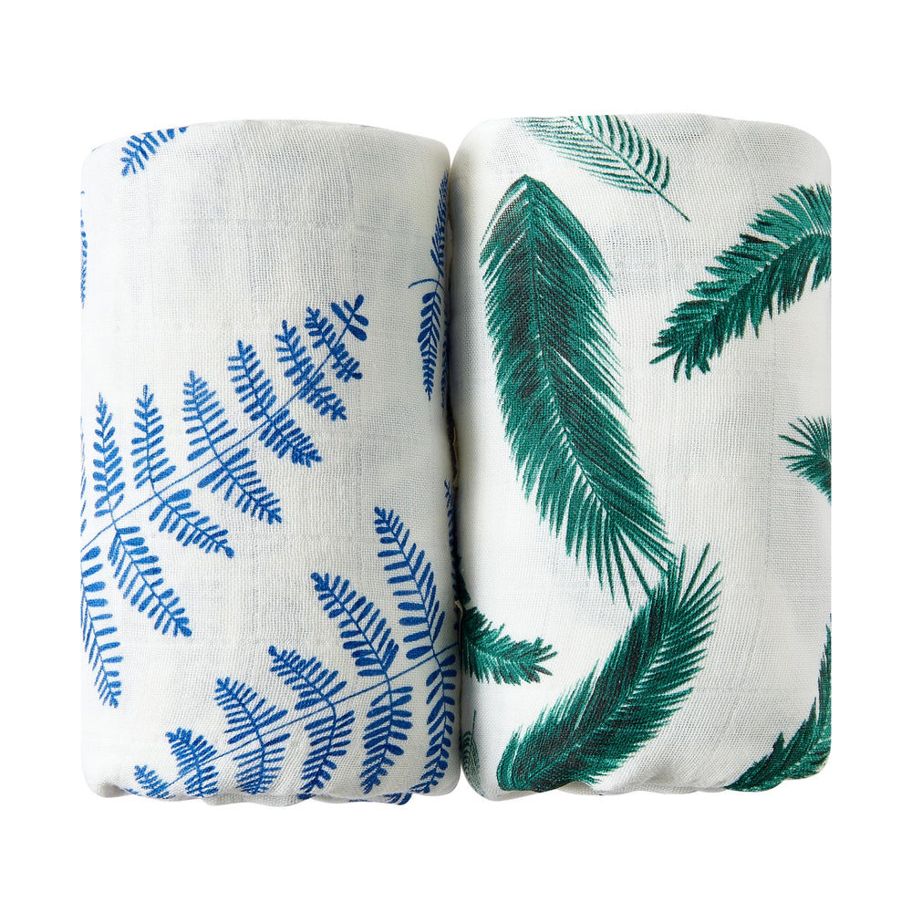 Margaux & May swaddle blanket blue fern closeup, breathable organic fabric for cozy newborn swaddling.