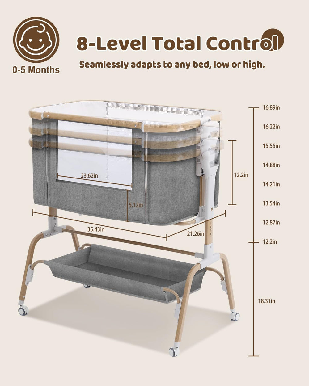 Mariserenity bassinet on 360-degree wheels with one-step safety lock.