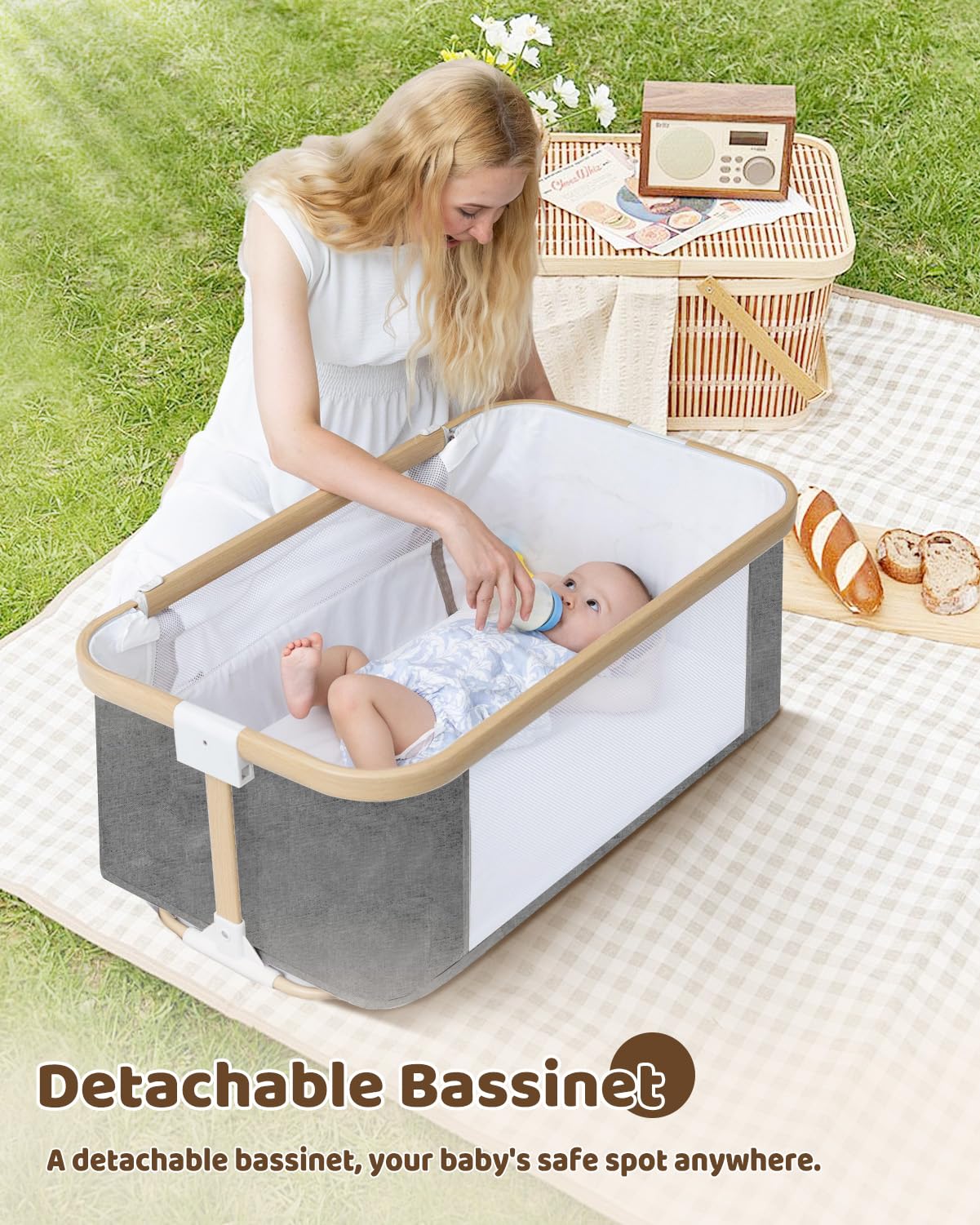 Mariserenity bassinet 8-level height for easy bed-to-bassinet alignment.