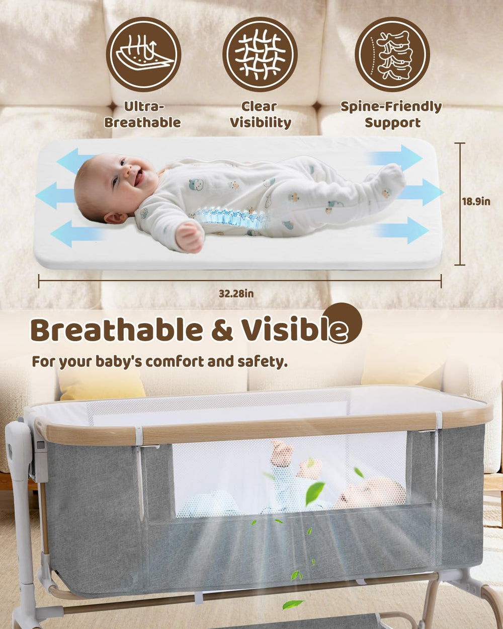 Mariserenity baby bassinet bedside attachment for easy nighttime care.
