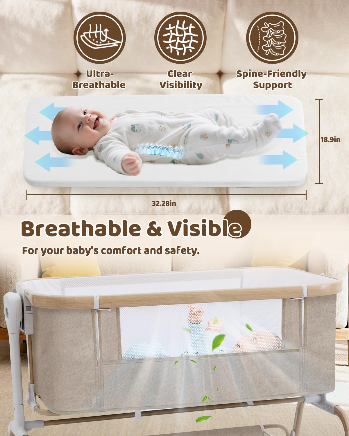 Mariserenity baby bassinet removable basket showing portable design for sleep beyond the bedroom.